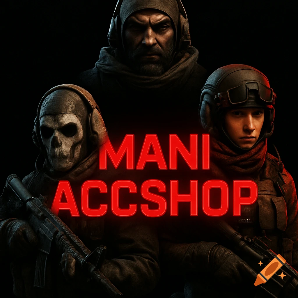 Three tactical military figures, one with a skull mask, hold rifles against a dark background, with glowing red text 'MANI ACCSHOP'.