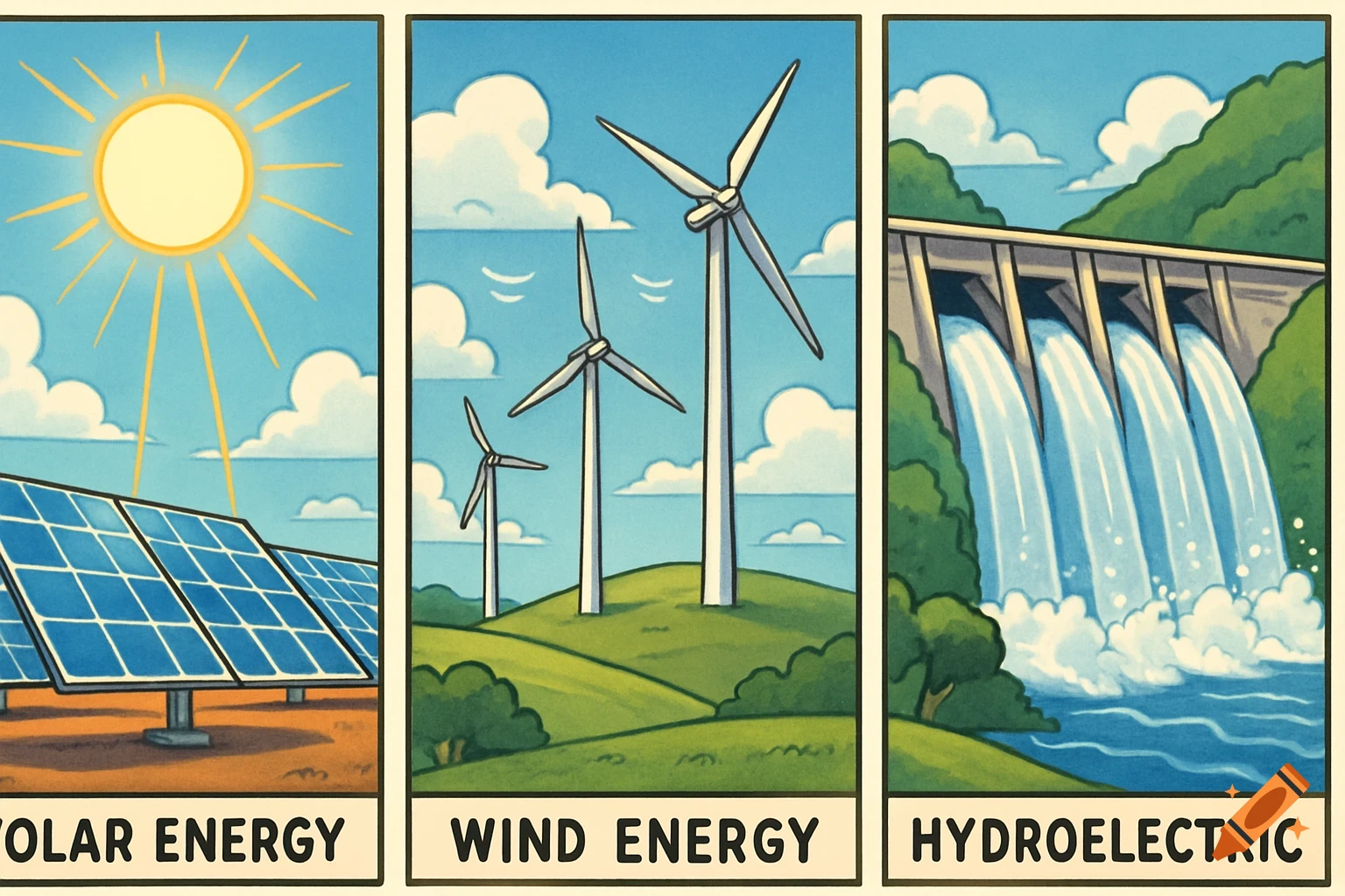 Three-panel comic strip illustrating solar, wind, and hydroelectric energy with corresponding text labels.
