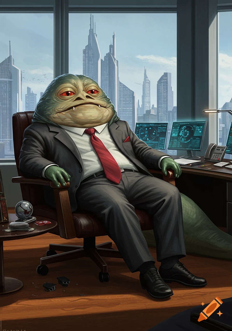 Jabba the Hutt in a grey business suit and red tie, sitting in a leather office chair, overlooking a modern city skyline.
