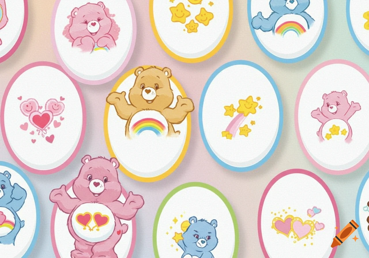 A pattern of colorful cartoon Care Bears and their various belly badge designs, each within a white oval with a colored border.