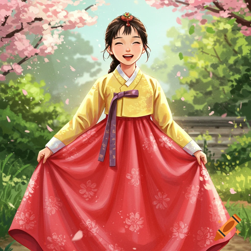 Happy girl in yellow and red hanbok among pink cherry blossoms, illustration.
