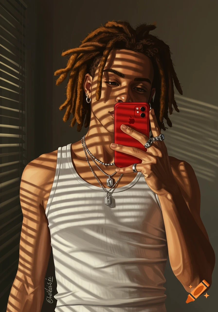 Stylized illustration of a young man with dreadlocks taking a mirror selfie, striped sunlight shadows, wearing a white tank top and jewelry, holding a red iPhone.