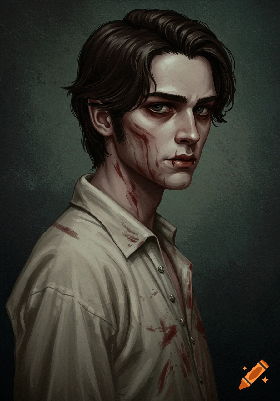 A young vampire with a blood-stained face and shirt, dark hair, and small fangs, staring intensely in a digital painting.