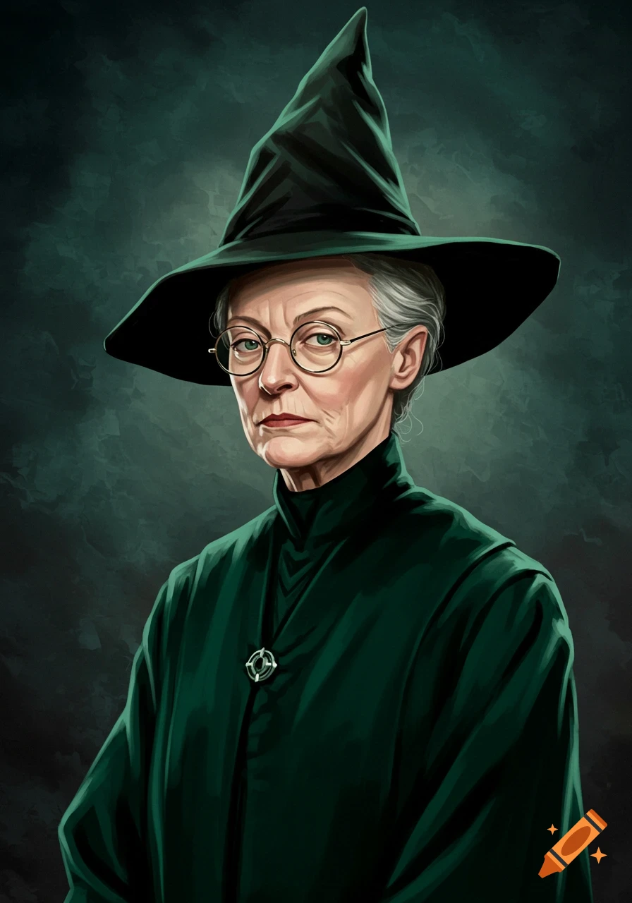 Illustration portrait of an older woman with grey hair, glasses, wearing a dark green witch's hat and robe.