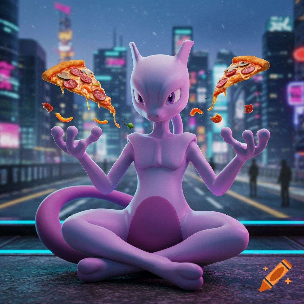 A 3D render of Mewtwo meditating in a lotus position on a dark, wet city street at night, with slices of pizza and toppings floating around its hands. Neon city lights glow in the blurred background.