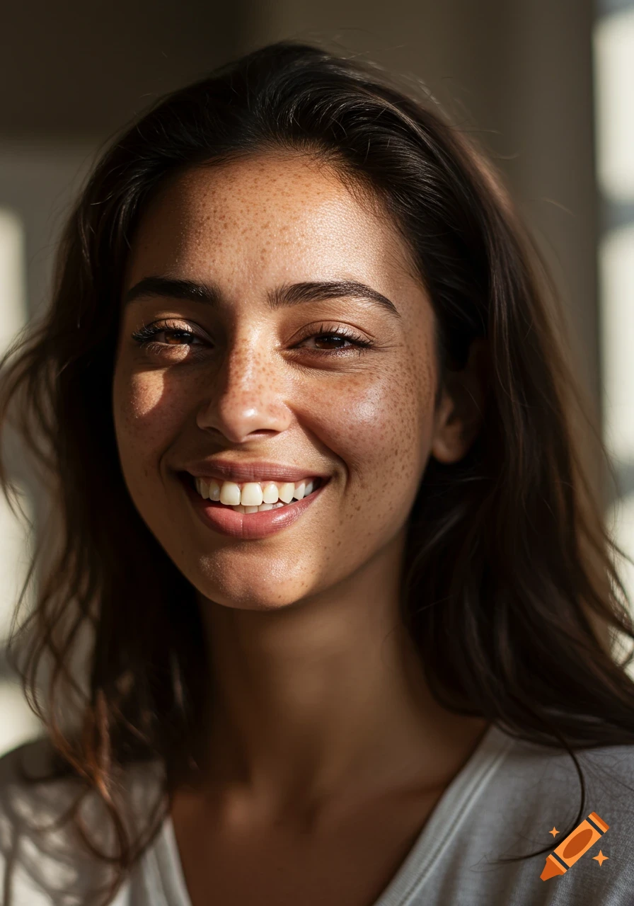 A joyful woman with natural freckles smiles at the camera, lit by soft window light, photorealistic.