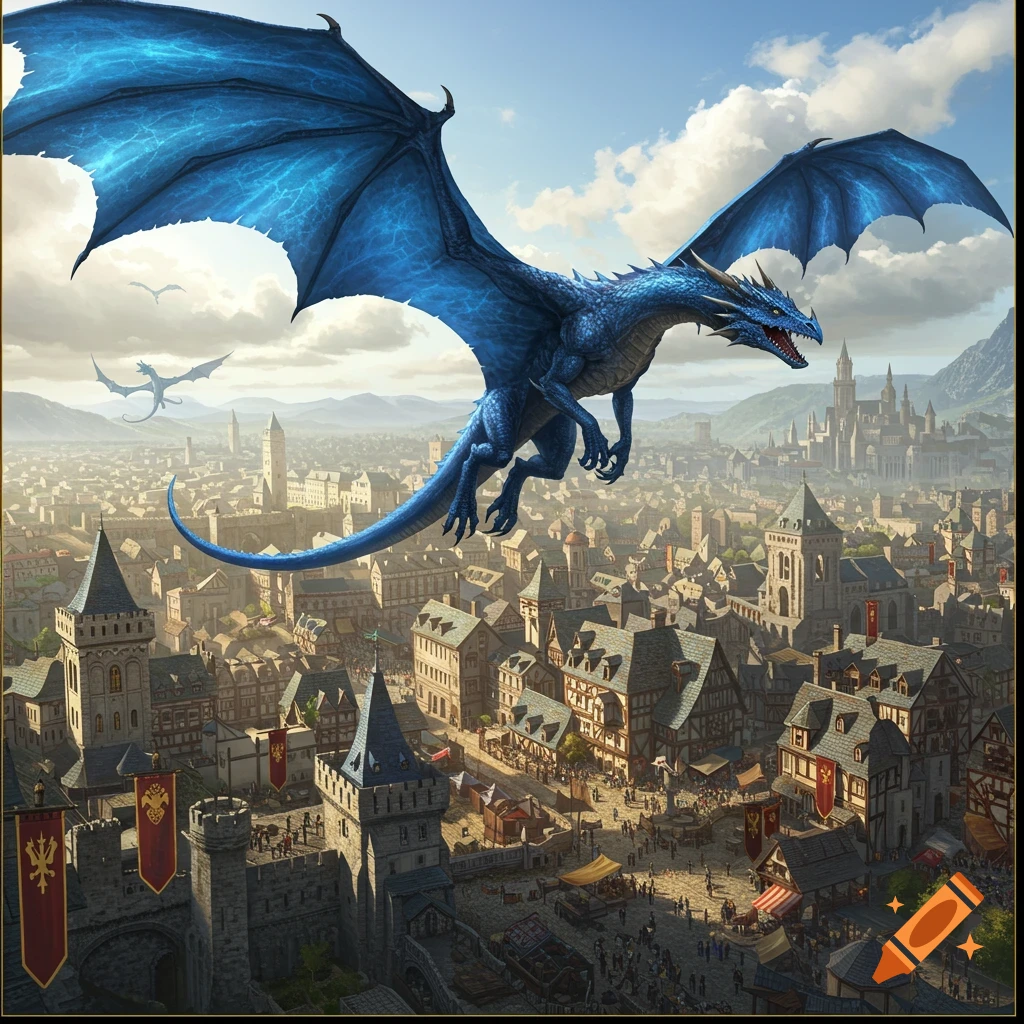 A majestic blue dragon with glowing wings soars over a bustling medieval city, featuring castles and distant mountains.