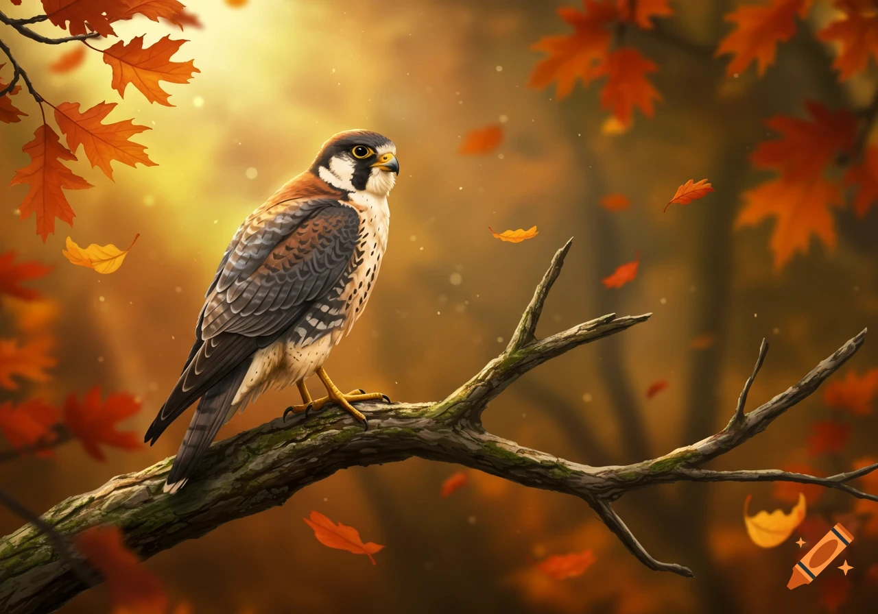 A detailed illustration of a falcon with brown and white feathers perched on a branch amidst falling orange and yellow autumn leaves, with a warm, glowing background.