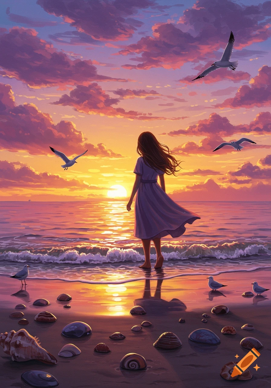 A digital painting of a girl standing on a beach, looking at a vibrant orange and purple sunset with seagulls flying and seashells on the sand.
