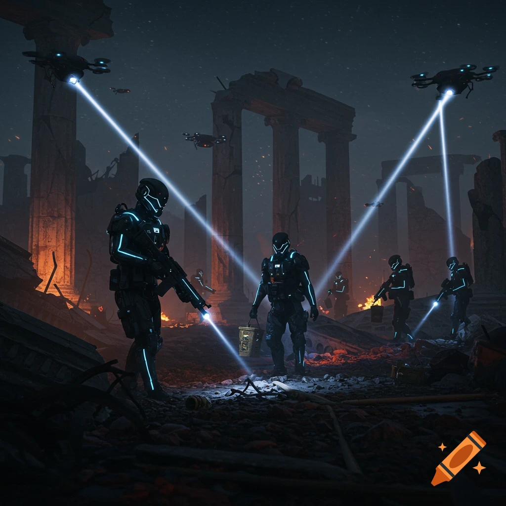 Sci-fi soldiers and drones search through ancient ruins at night, illuminated by their glowing suits and light beams.