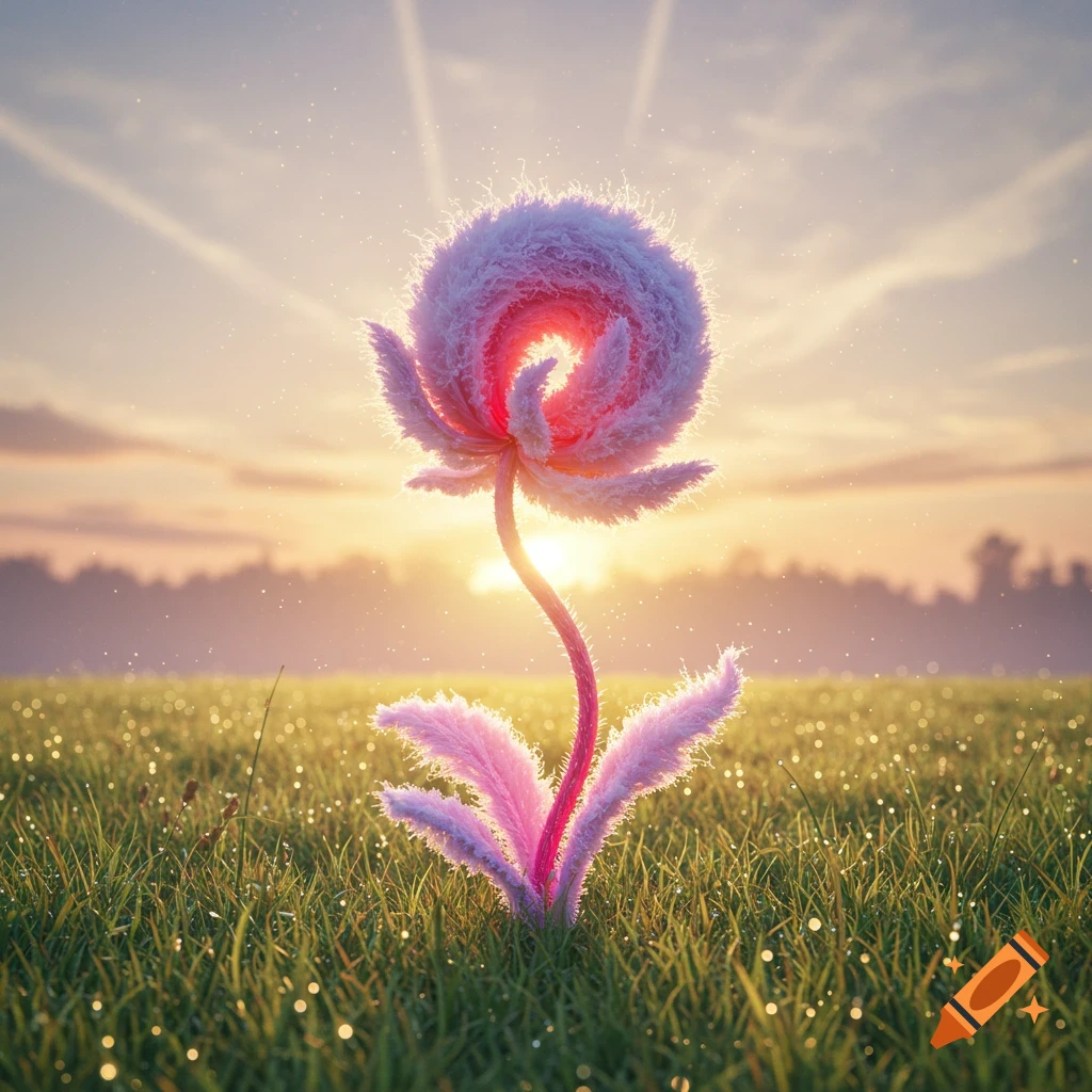 A vibrant fluffy pink flower with a glowing stem stands in a dewy green field bathed in golden sunset light.
