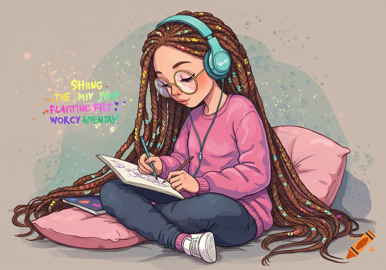 A young girl with long, colorful braided hair and headphones sits cross-legged, drawing in a notebook. Her pink sweater and blue jeans complement the soft background.