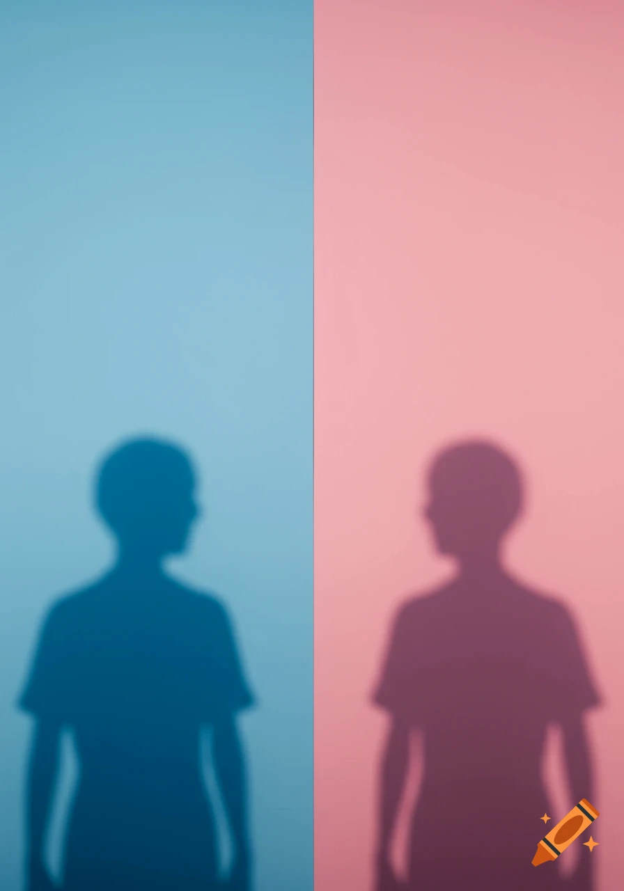 Two human shadows cast on a wall split between soft blue and pink, evoking separation and hope.