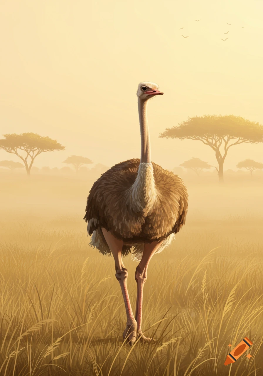 An illustrated ostrich stands prominently in a golden grassy savanna with distant acacia trees under a hazy, warm sky.