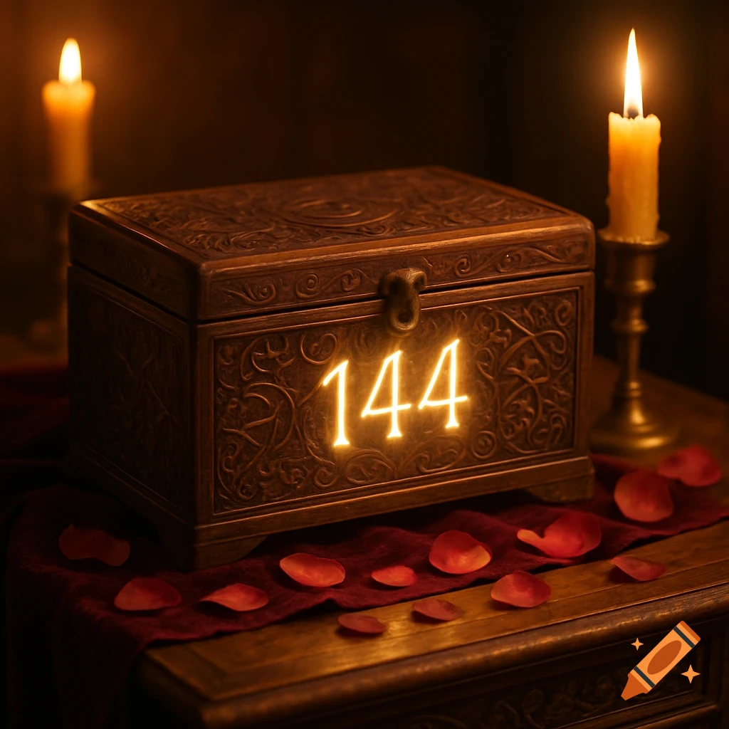 A glowing number '144' on an ornate wooden chest, flanked by lit candles and red rose petals in a dark, photorealistic setting.