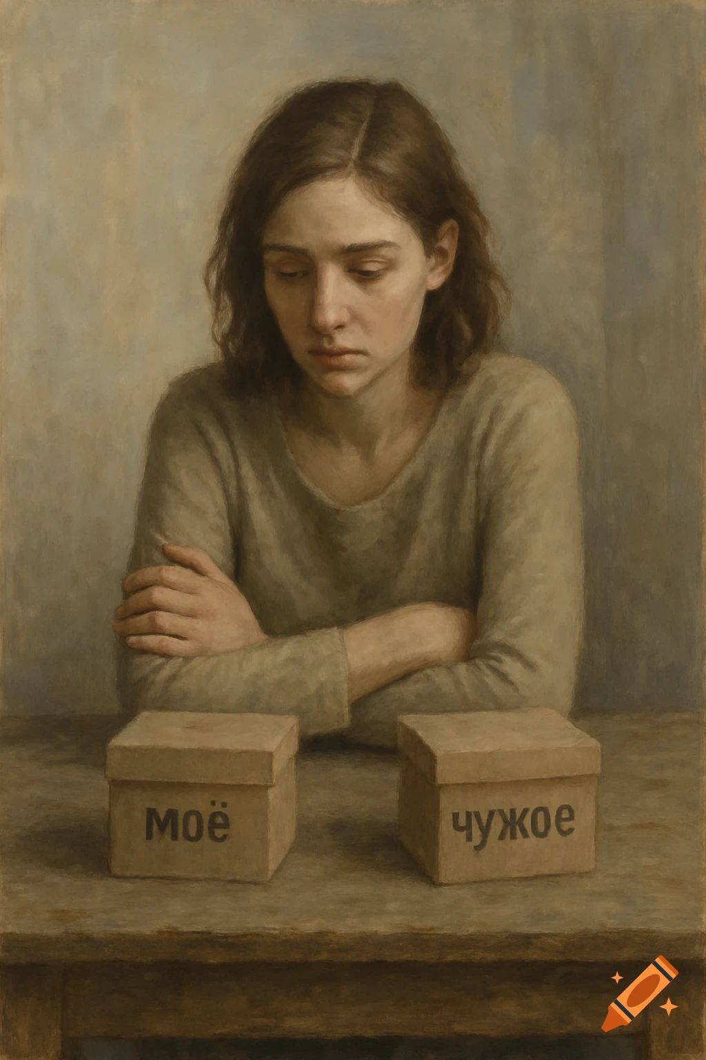 A pensive young woman in a painting looks down at two boxes labeled 'mine' and 'other's' in Russian on a wooden table.