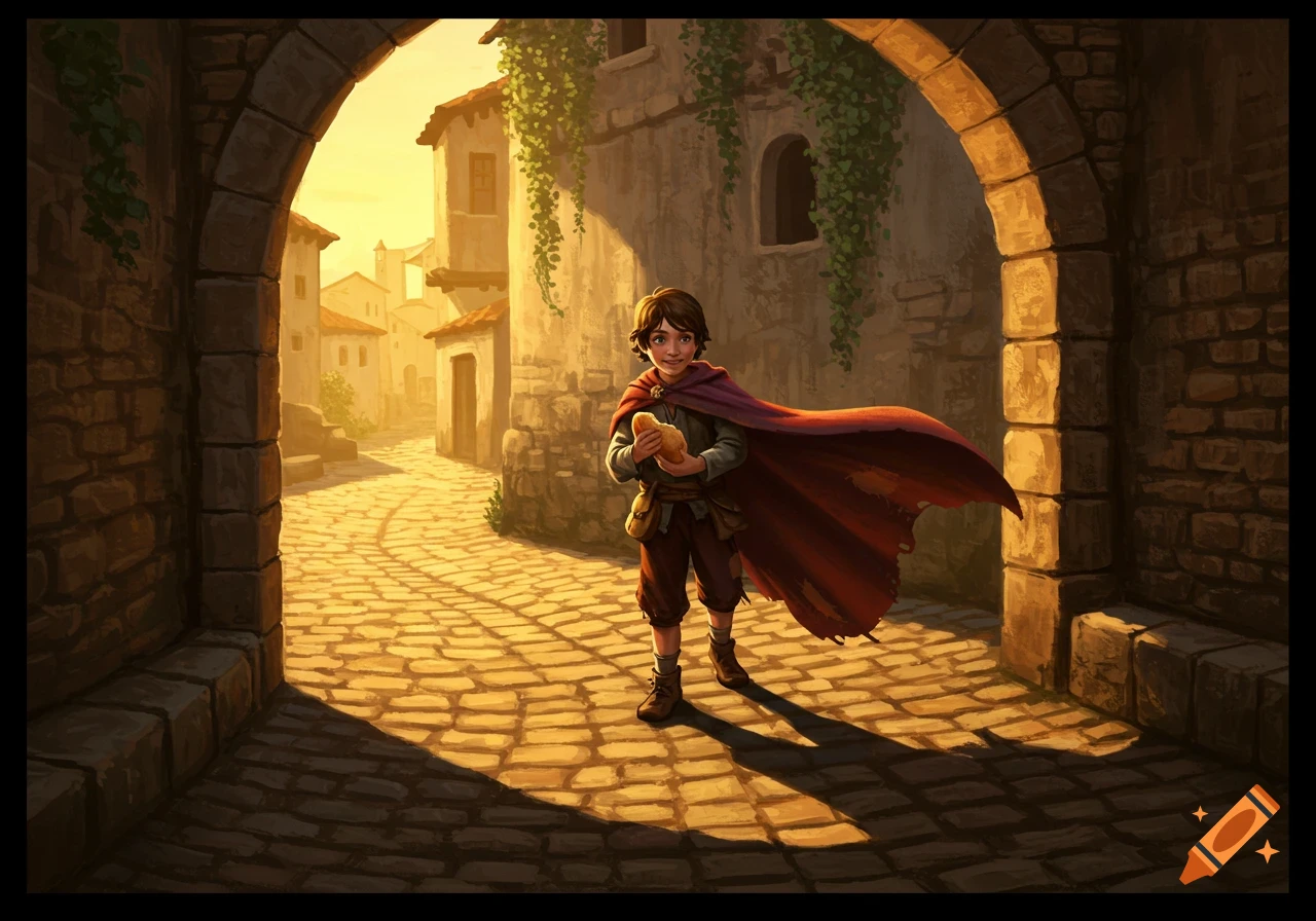 An illustration of a young boy in a red cape holding bread, standing in a sunlit stone archway on a cobblestone street in an old town.