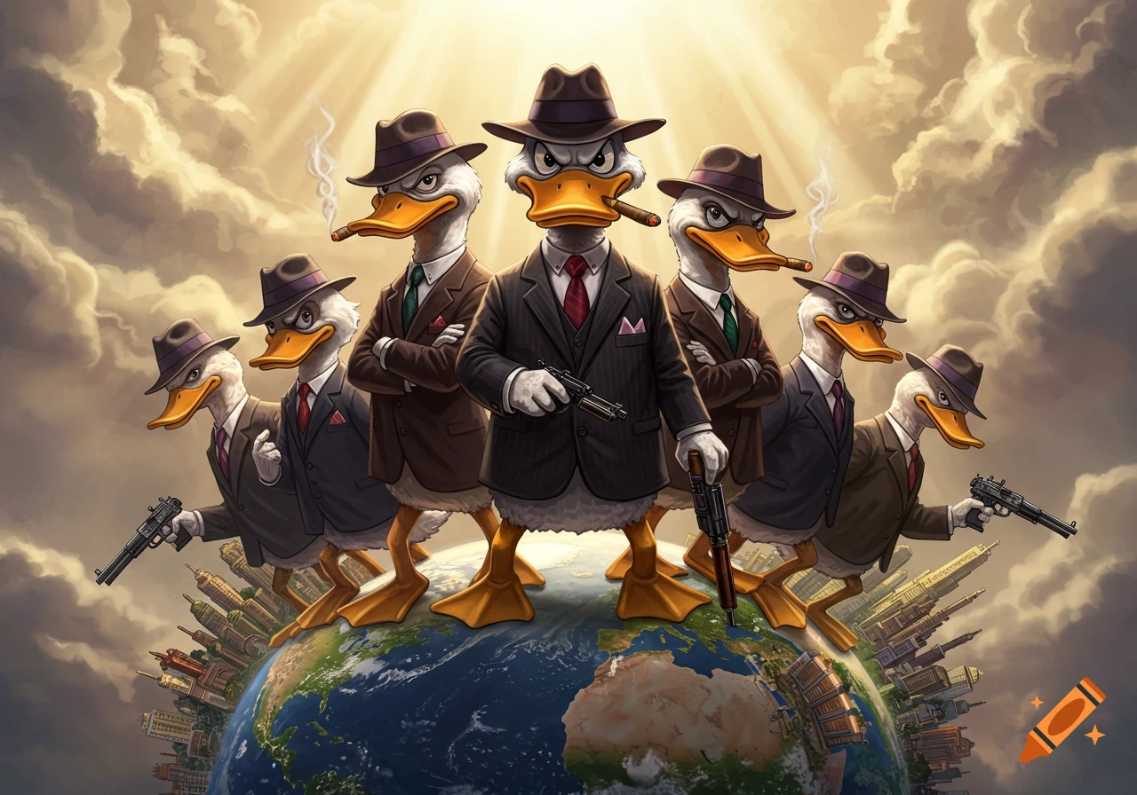 A stylized illustration of six anthropomorphic ducks dressed as gangsters, holding guns and cigars, standing on planet Earth with cityscapes around the equator under a dramatic, cloudy sky with sun rays.