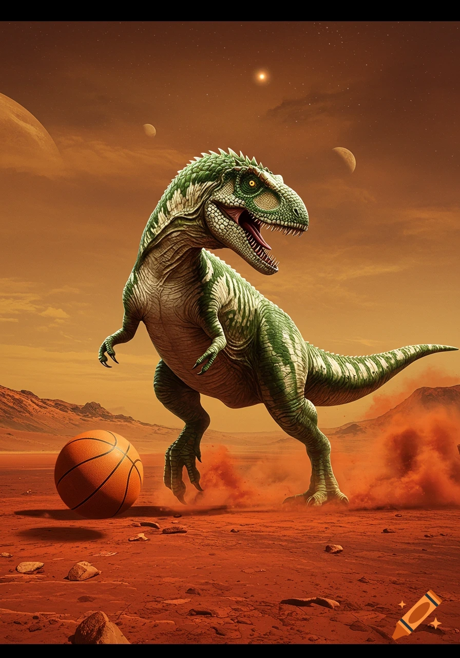 A vibrant green dinosaur stands on a red Martian landscape next to a basketball, with multiple moons and stars in the sky.