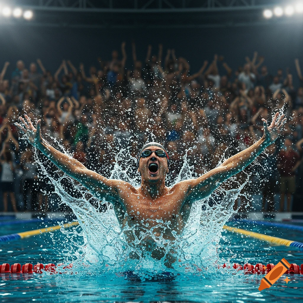 A male swimmer celebrates his victory, emerging from the water in a dynamic splash, with a cheering crowd in the background.