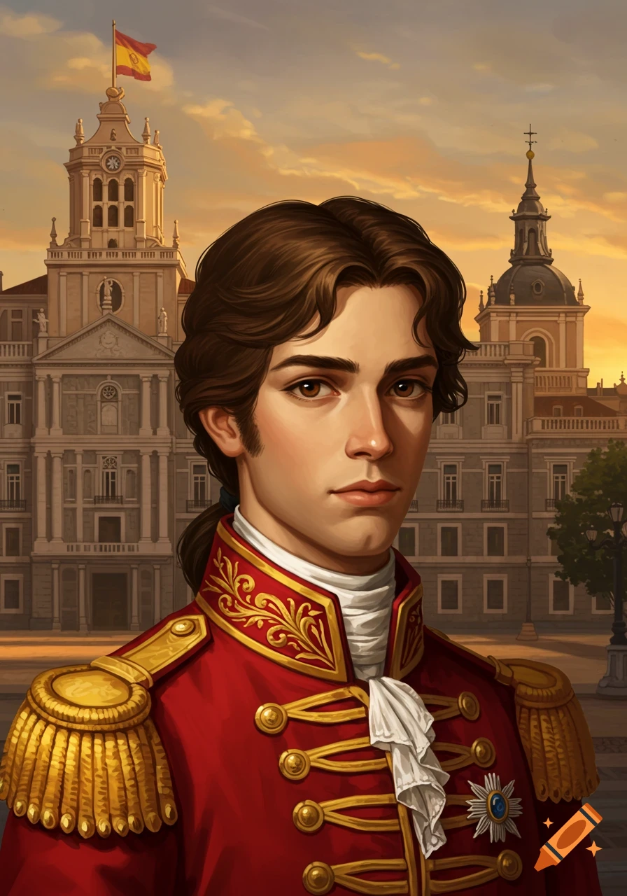 Digital painting of a young 18th-century Spanish king in a red uniform, standing in front of the Palacio Real at sunset.