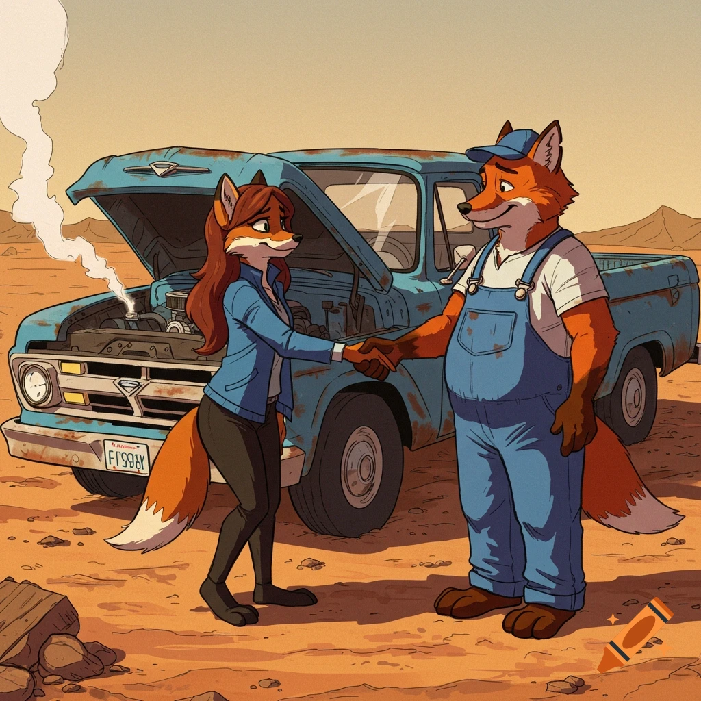 A female and male anthropomorphic foxes shake hands in front of a rusted, smoking blue truck in a desert, in a 2D cartoon style.