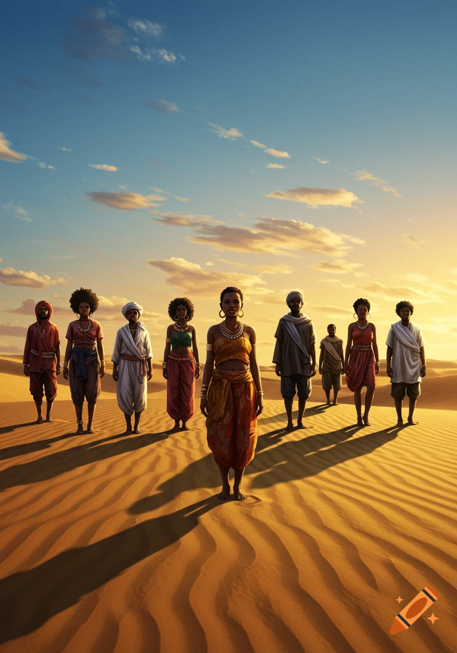 A group of Black people in traditional clothing standing in a desert with long shadows at sunset.