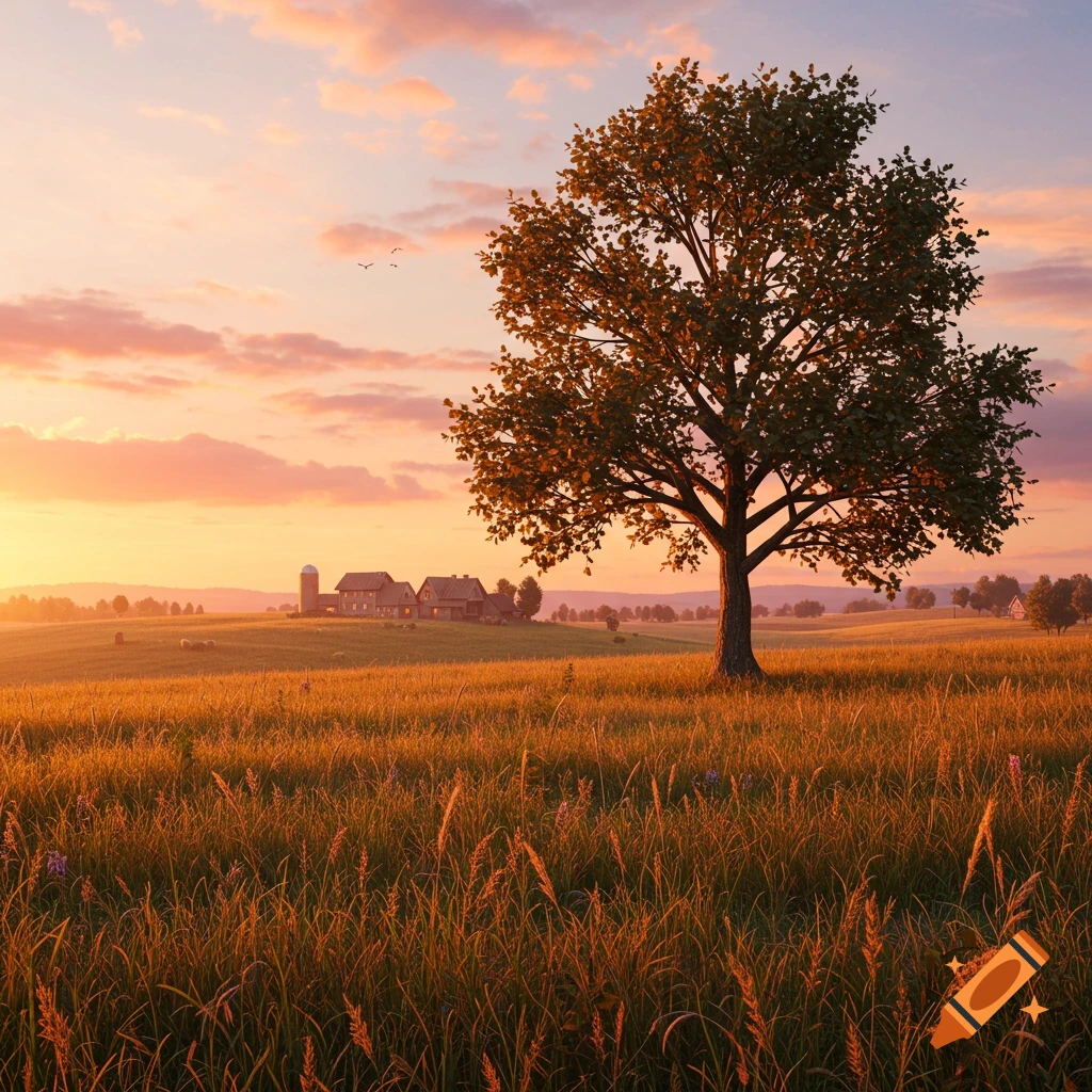 Photorealistic image of a golden field with a large tree, a distant farm, and hills under a vibrant sunset sky.