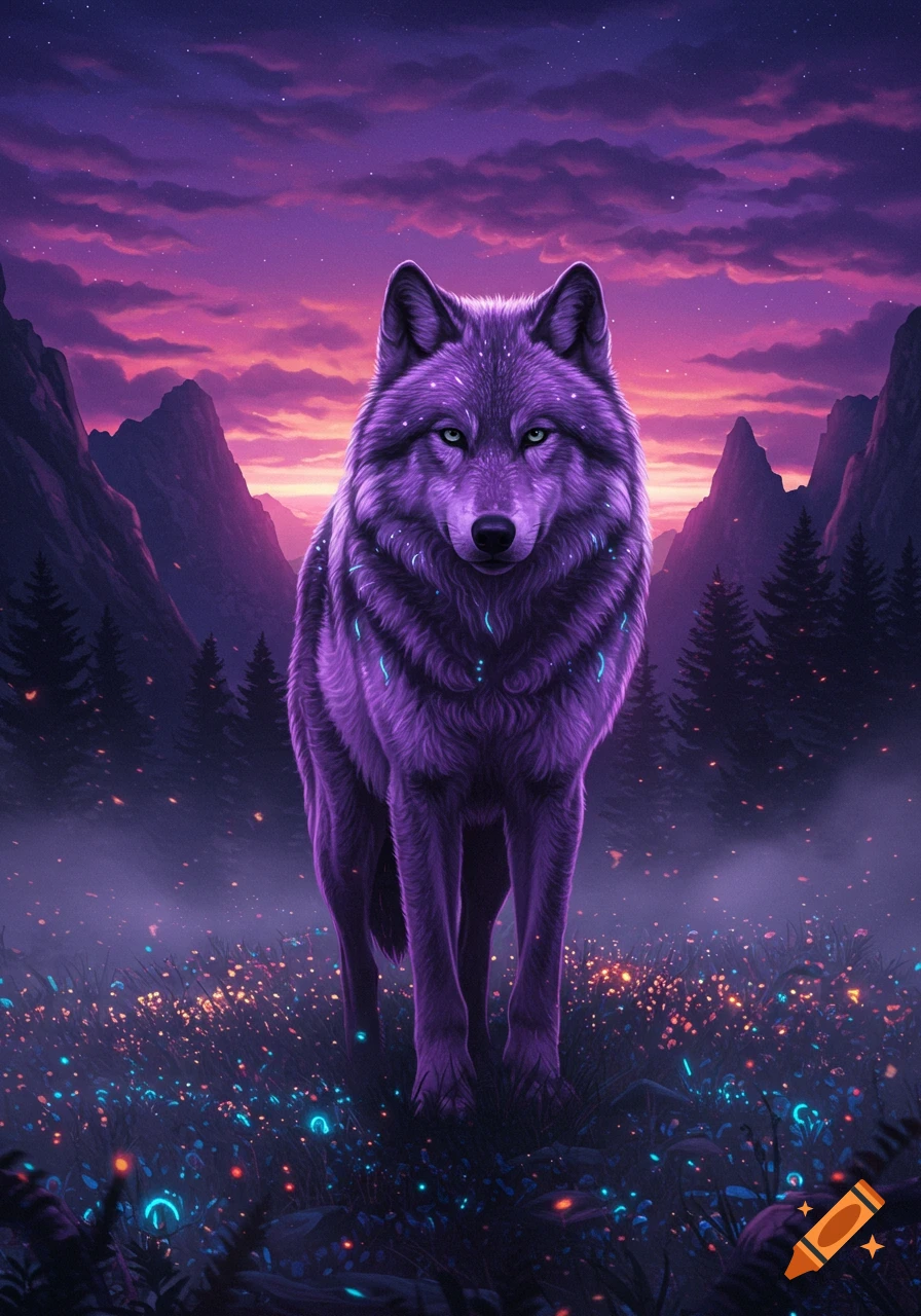 A majestic purple wolf with glowing fur and green eyes stands in an enchanted forest clearing with bioluminescent plants under a purple sunset.