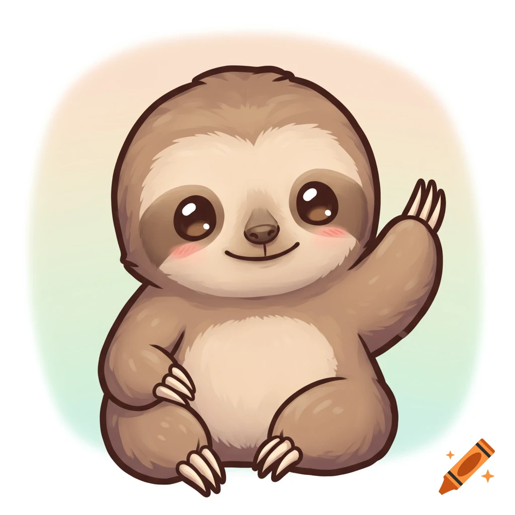 A cute, cartoon sloth with big eyes, rosy cheeks, and brown fur waves with one paw, against a soft gradient background.