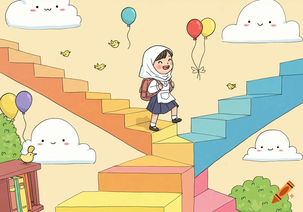 Happy cartoon girl in hijab and school uniform climbs colorful stairs amidst smiling clouds, balloons, and birds, symbolizing a journey of success.