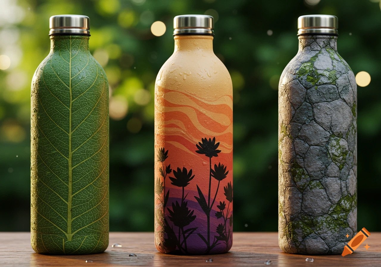 Three photorealistic water bottles: a green leaf pattern, an orange sunset with flower silhouettes, and a stone with moss texture.