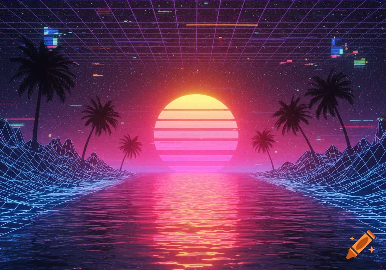 A vibrant vaporwave landscape with a striped sunset, silhouetted palm trees, and a wireframe grid ocean and mountains.