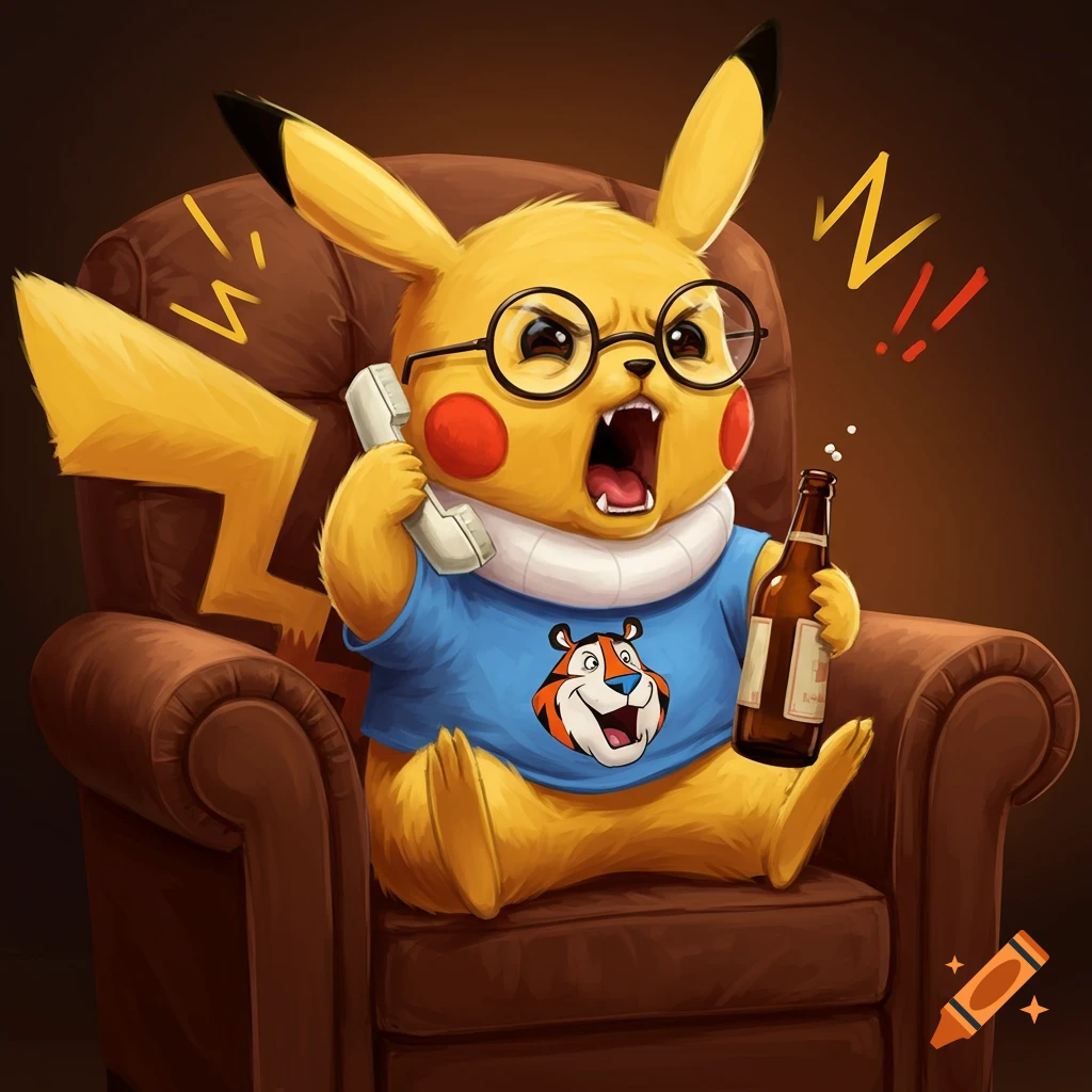 Angry Pikachu in glasses and a Tony the Tiger shirt, yelling into a phone while holding a beer bottle in a brown armchair.