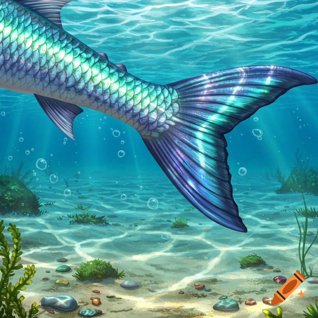 A vibrant, iridescent mermaid or fish tail swimming in clear blue water, with sunlight dappling the sandy bottom and plants.