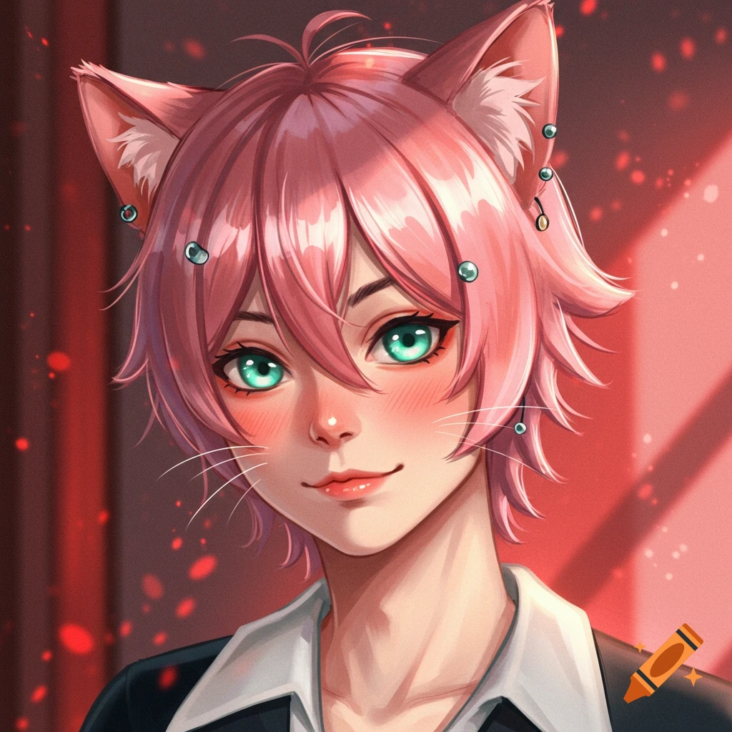 An anime-style catboy with pink hair, bright green eyes, blush, and pierced cat ears, against a bright red background.