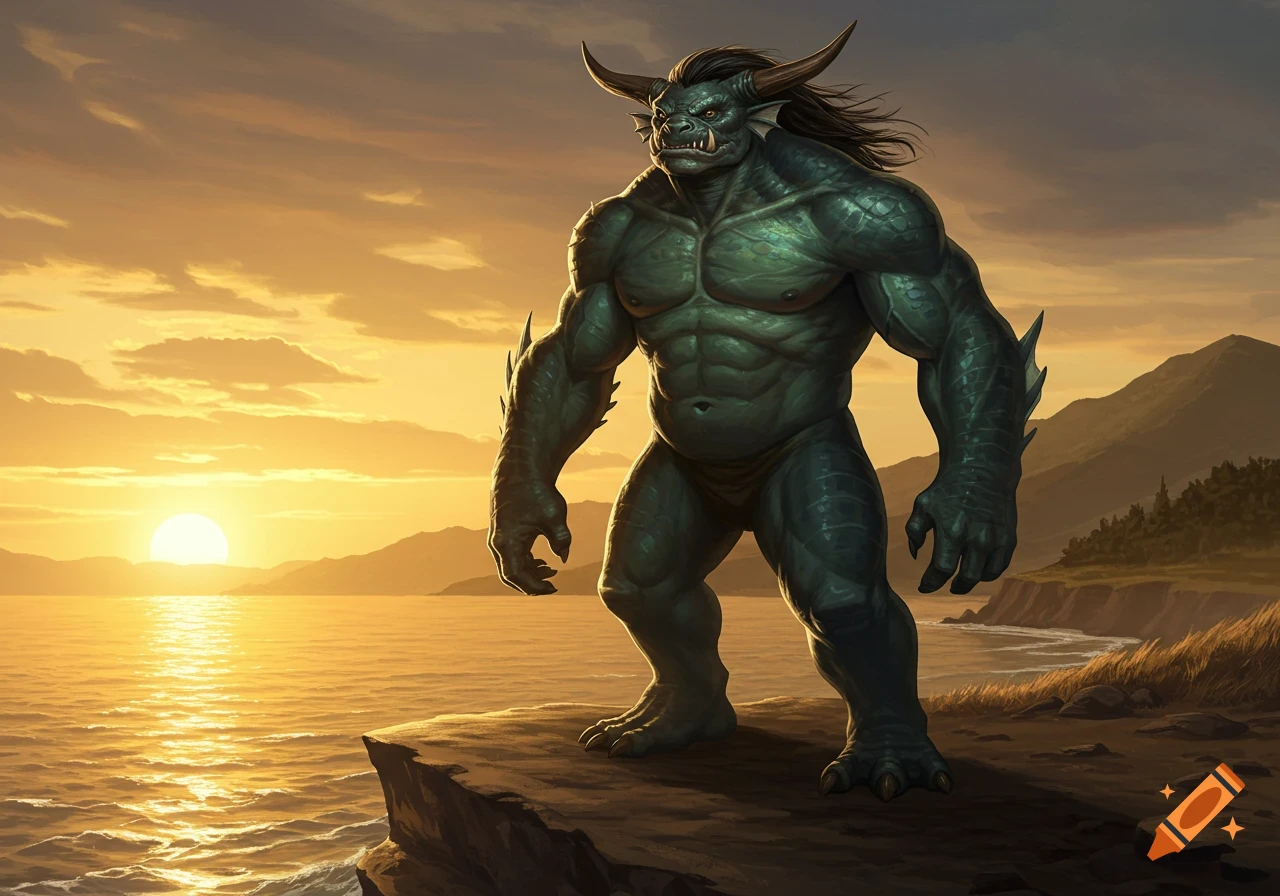 A muscular green horned monster with tusks stands on a cliff overlooking the ocean at a vibrant sunset.