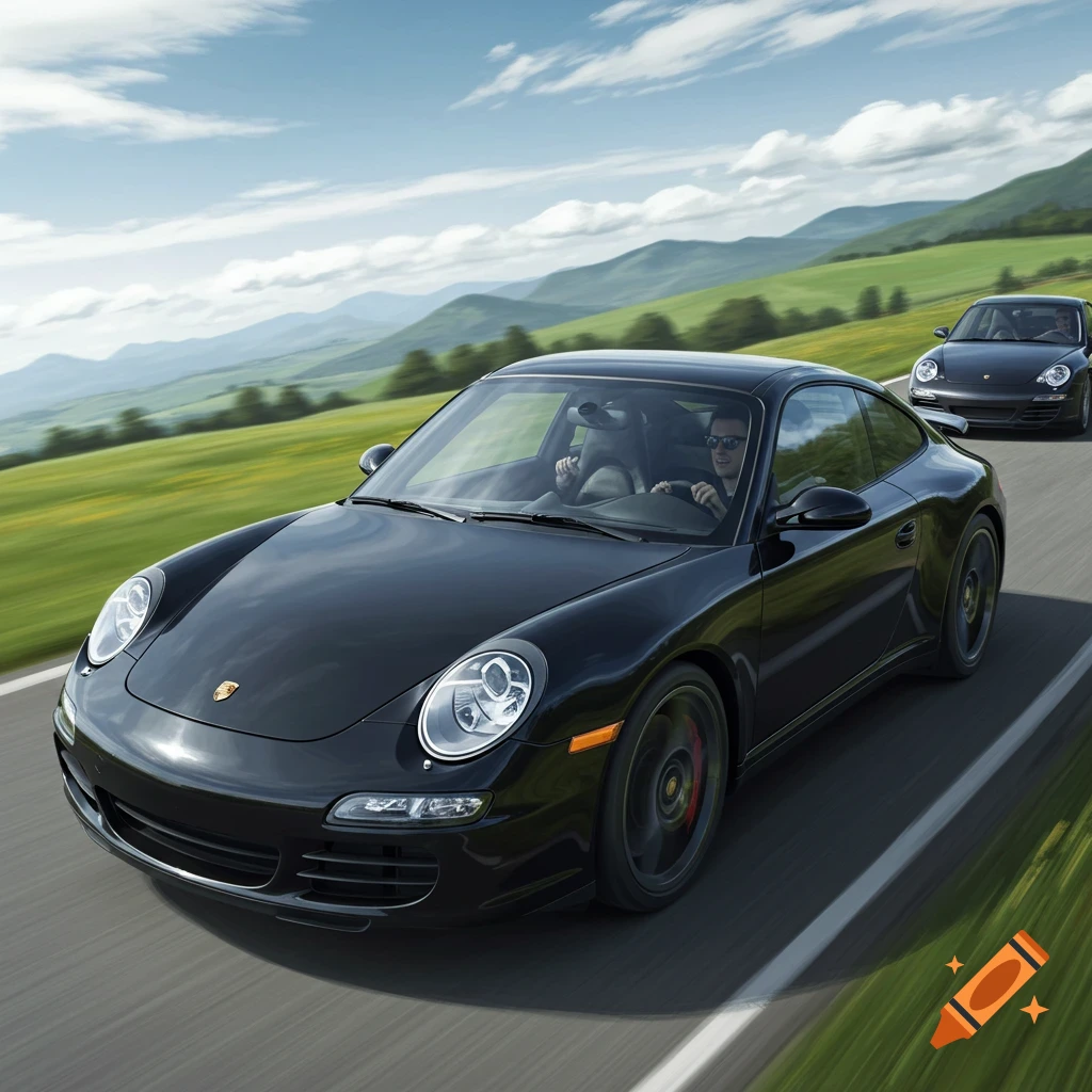 Two black Porsche 997 sports cars speed on a winding road through green hills under a blue sky, with the lead car passing another.