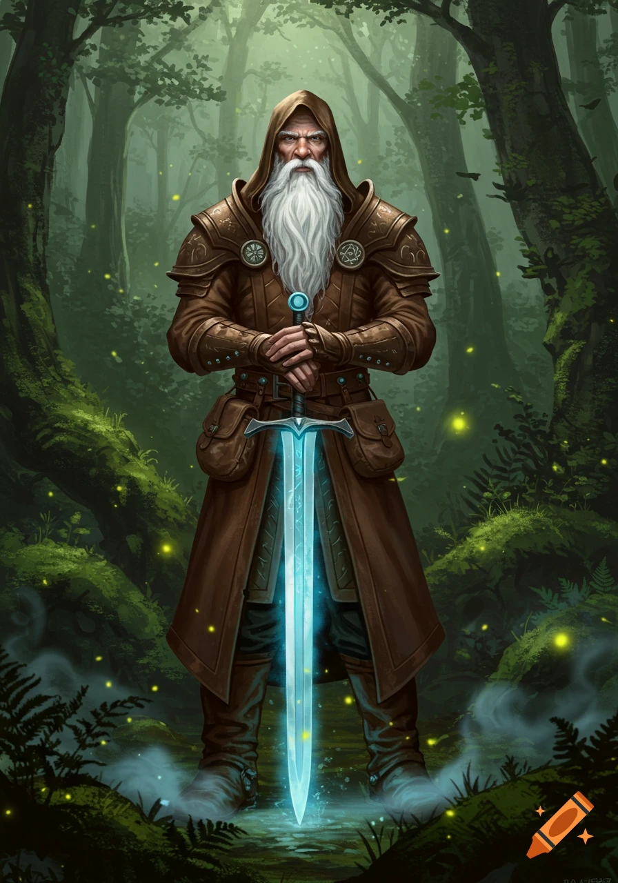 A bearded wizard in brown leather armor stands in a magical forest, holding an glowing blue sword with runes.