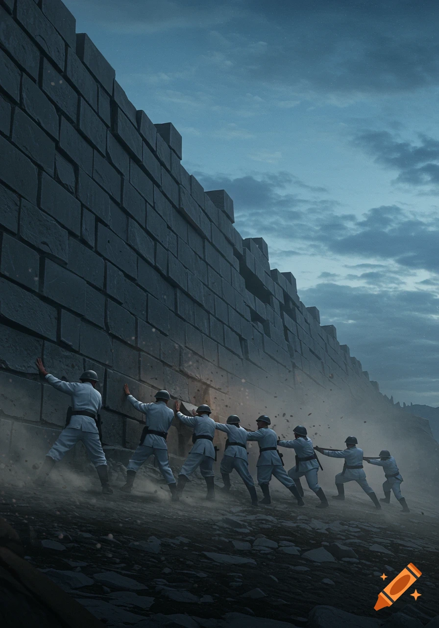 White-clad soldiers push against a towering, crumbling stone wall under a dramatic cloudy sky, dust rising around them.
