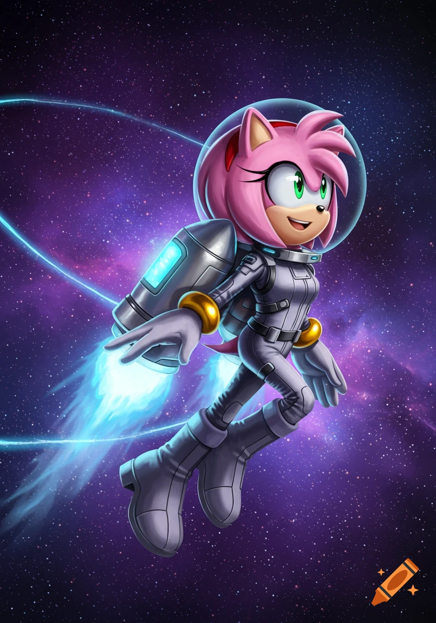 Amy Rose in a silver spacesuit with a jetpack flying through a purple starry nebula.
