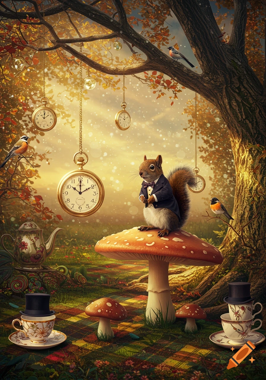 A dapper squirrel in a suit sits on a mushroom in an autumnal forest, surrounded by hanging pocket watches, teacups, and birds.