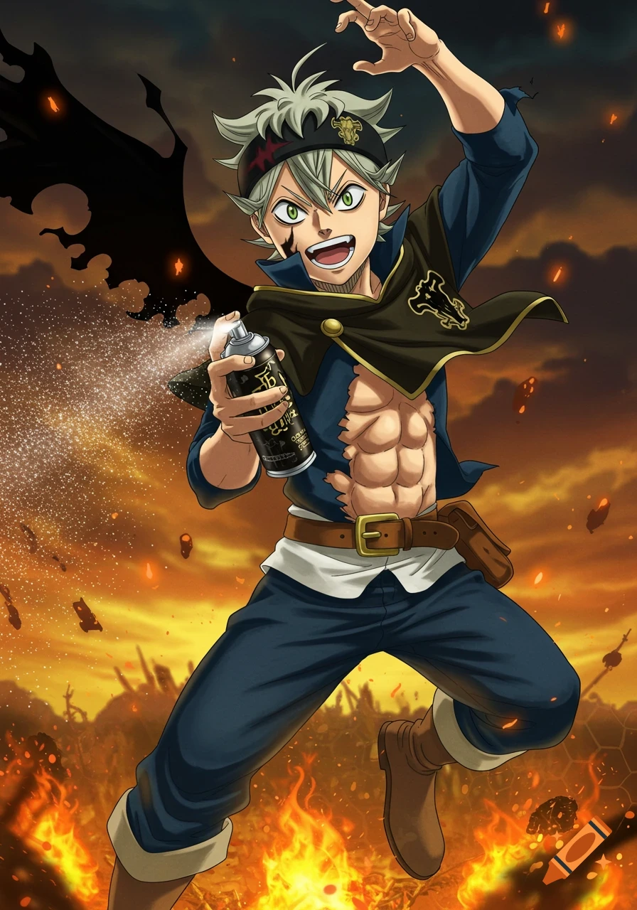 Asta from Black Clover in an anime style, spraying a can towards the viewer in an action pose with a fiery background.