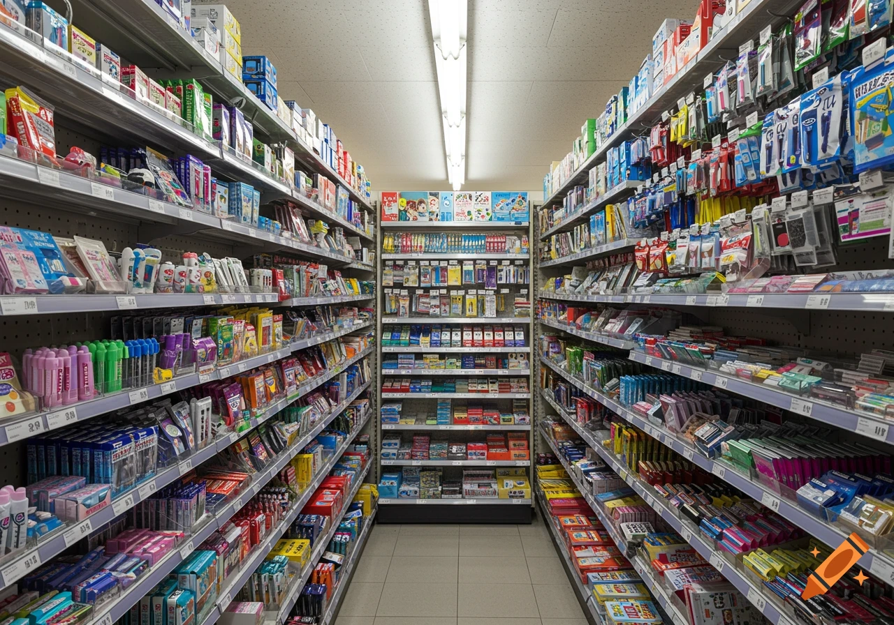 A long aisle in a Japanese convenience store, lined with shelves full of colorful stationery and small items, a bright fluorescent light overhead.