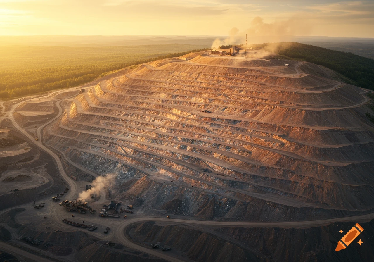 Aerial view of a massive open-pit mine on a hill at sunset, with tiered layers of earth and mining equipment.