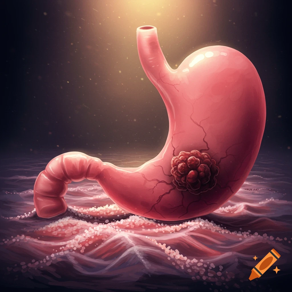 Medical illustration of a human stomach with a reddish-pink tumor on its surface, surrounded by cellular structures.