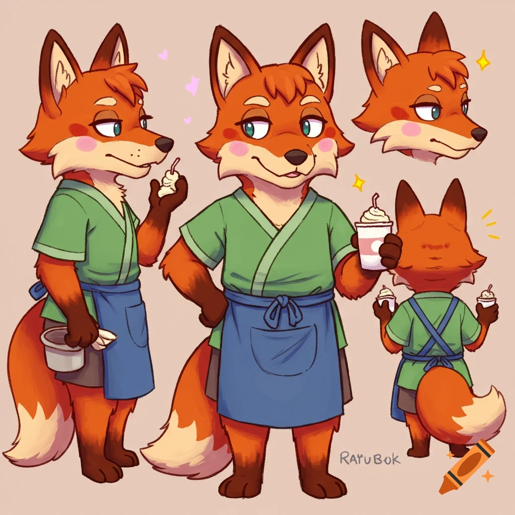 An illustrated anthropomorphic fox in multiple poses, wearing a green shirt and blue apron, holding a cup of whipped cream.