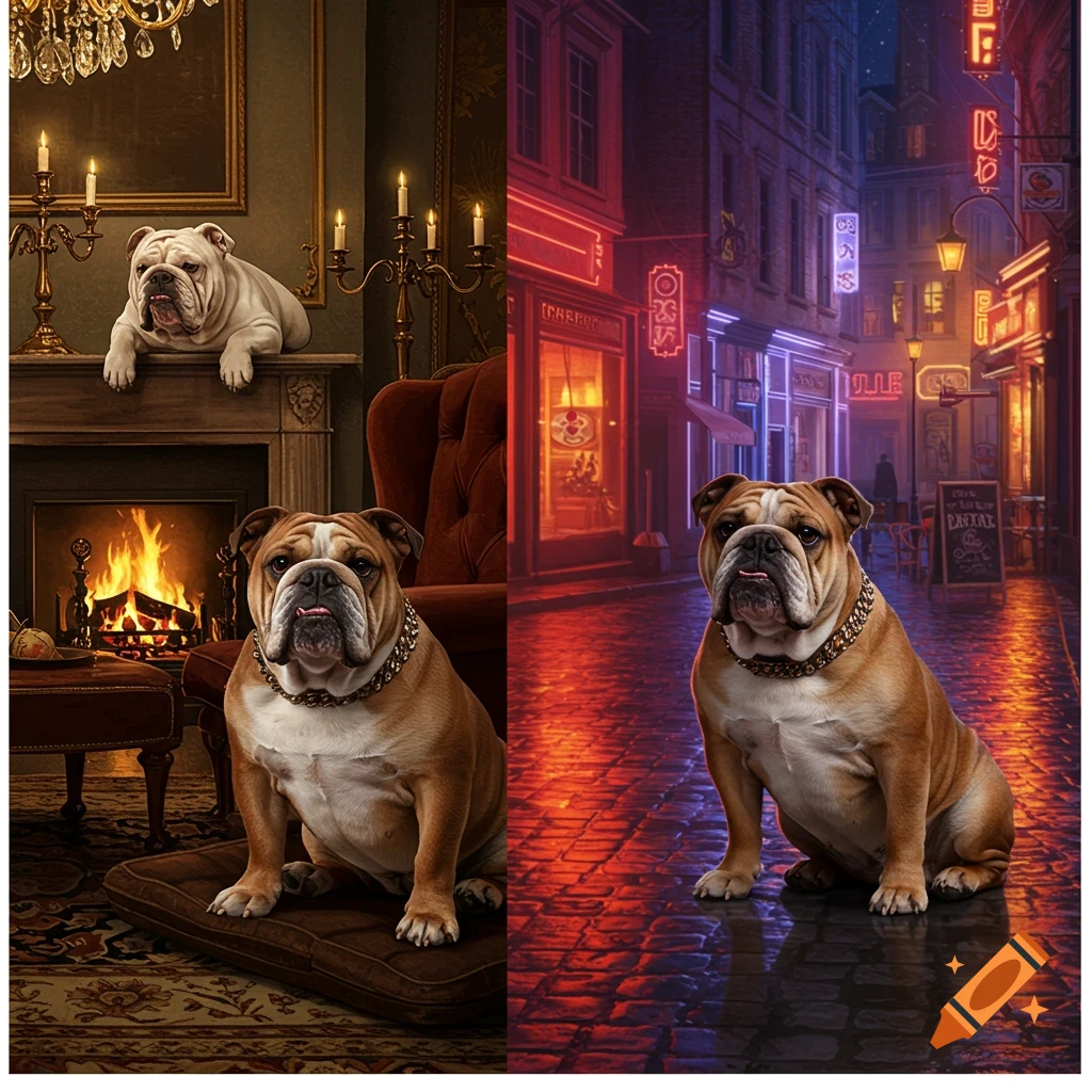 A diptych showing bulldogs. On the left, a bulldog sits by a fireplace in a lavish room with another bulldog on the mantel. On the right, a bulldog sits on a wet, neon-lit city street at night.