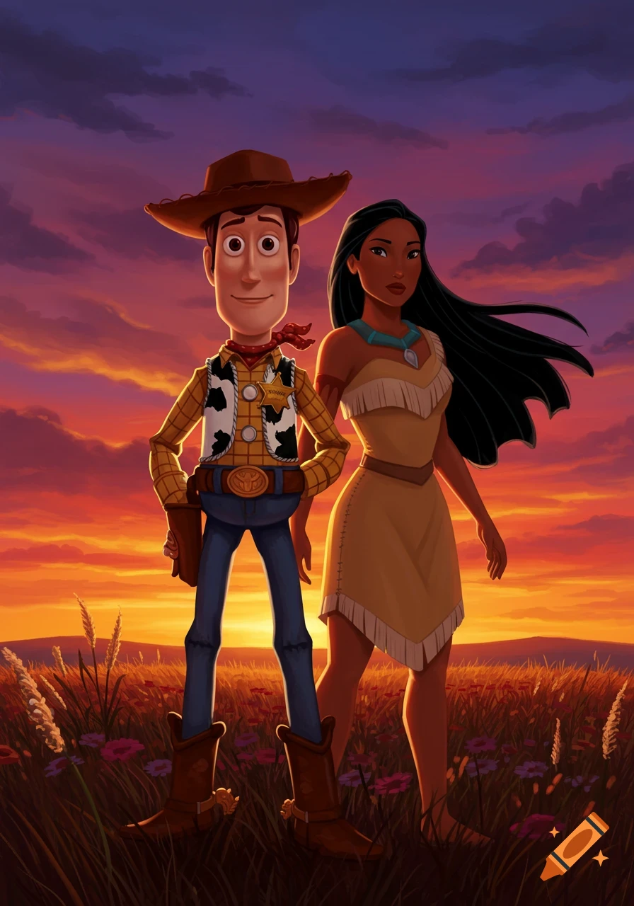 Animated Sheriff Woody and Pocahontas stand side-by-side in a field of tall grass and wildflowers at sunset.