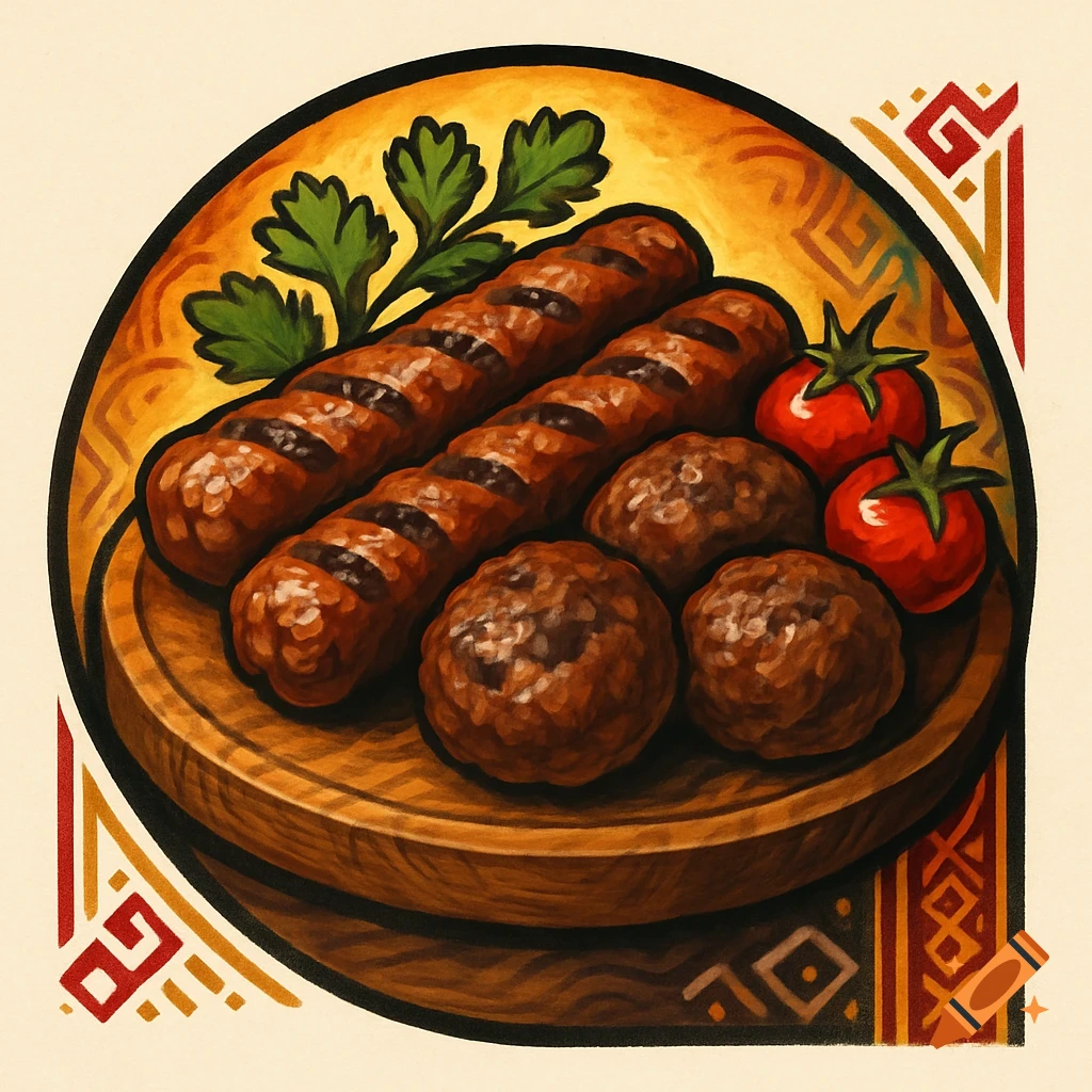 Stylized drawing of a Bulgarian dish with grilled sausages, meatballs, tomatoes, and parsley on a wooden board.
